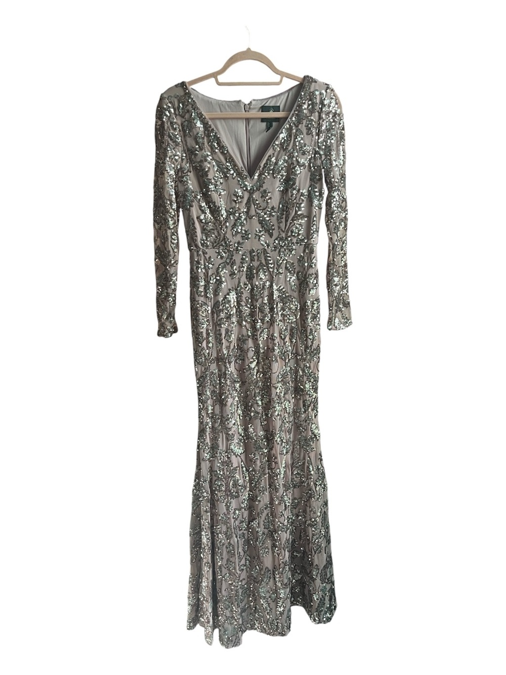 Adrianna Papell Silver Pale Pink Sequin Long Sleeve V-Neck Gown modest dress nwt